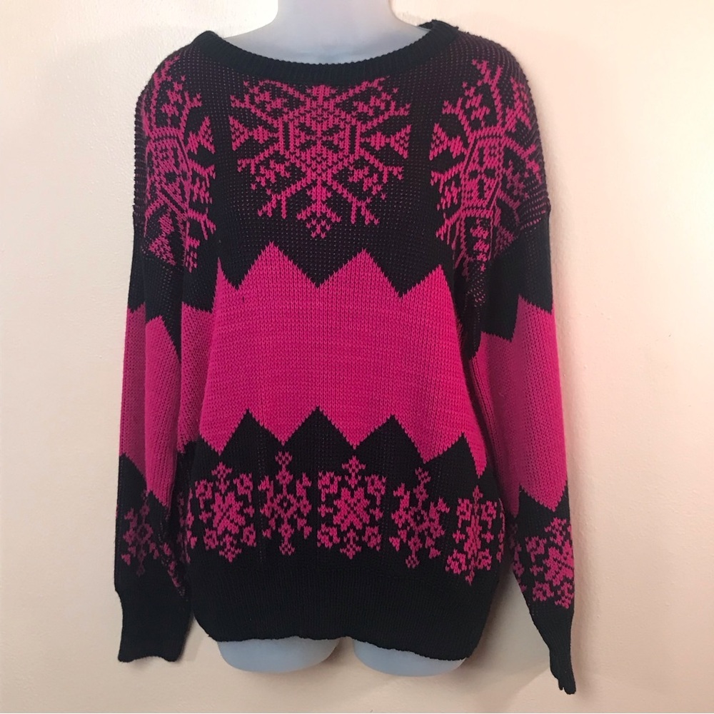 Marlene Black Magenta Snowflake Sweater Vintage 90s Made USA No Size Tag Women L